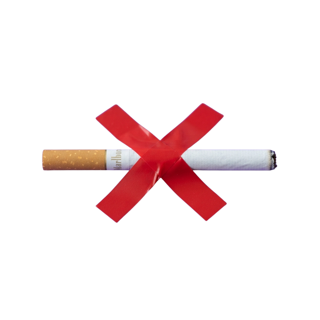 Two cigarettes crossed out with a bold red X on a black background