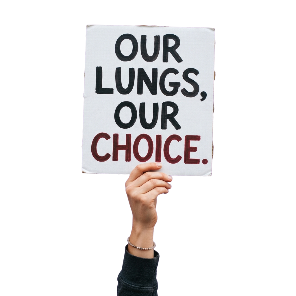Hand holding a sign that reads Our Lungs, Our Choice in bold letters against a dark background