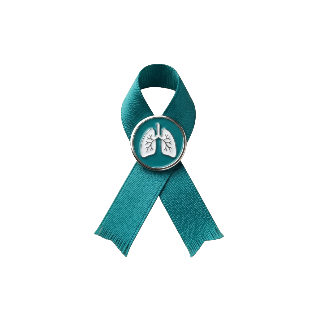 A teal awareness ribbon with a circular emblem depicting two white lungs.