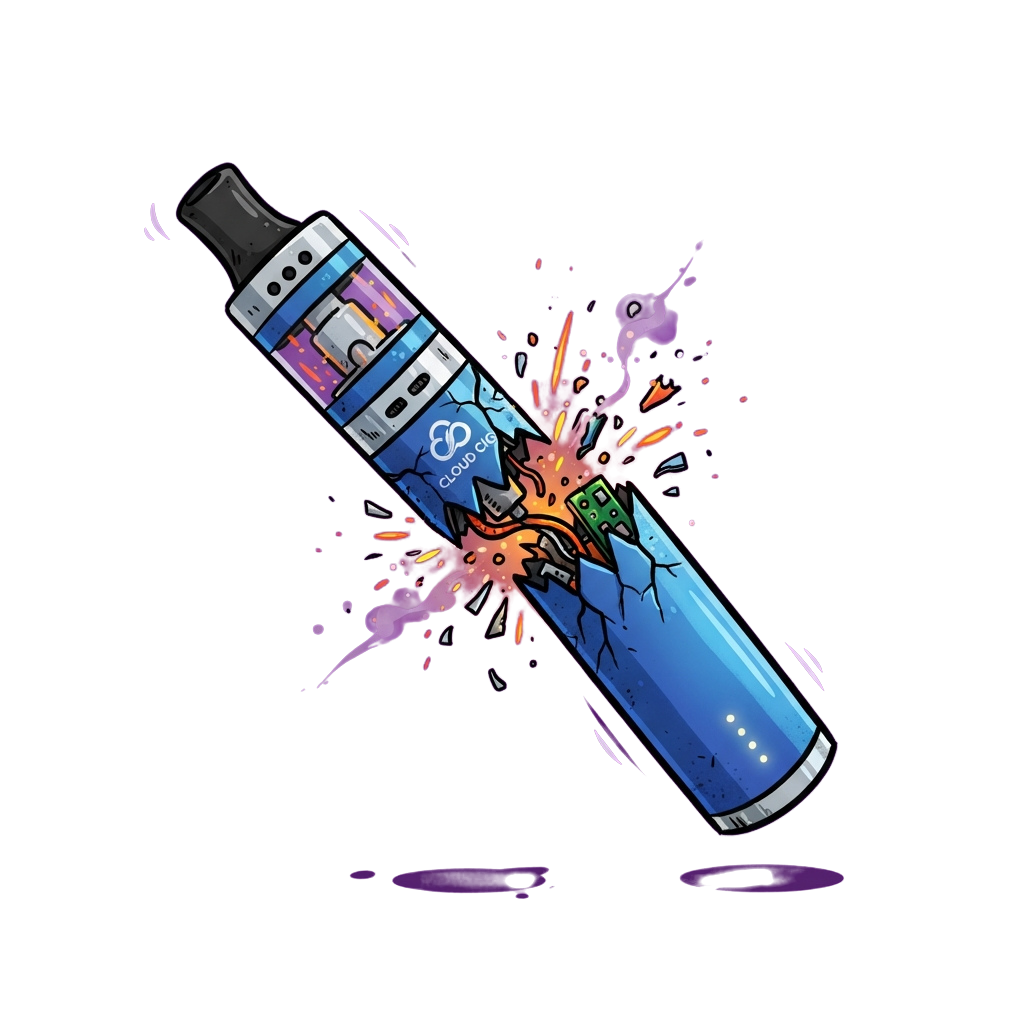 Cartoon depiction of a colorful vape device breaking apart with a colorful explosion effect