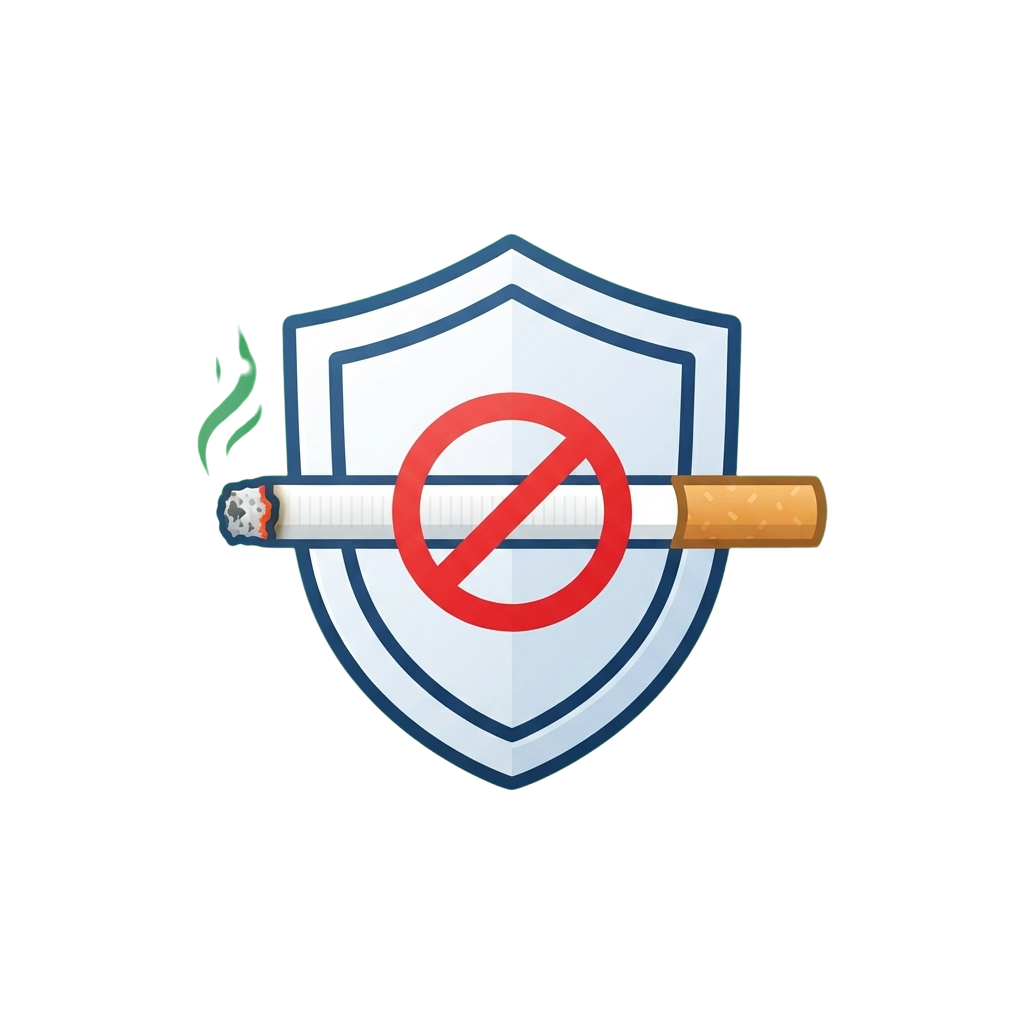 Shield icon with a red prohibition symbol over crossed cigarettes and a burning flame on the left side