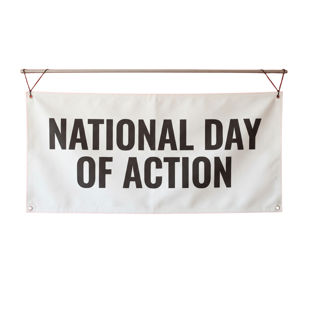 White banner with black text reading National Day of Action suspended against a dark background