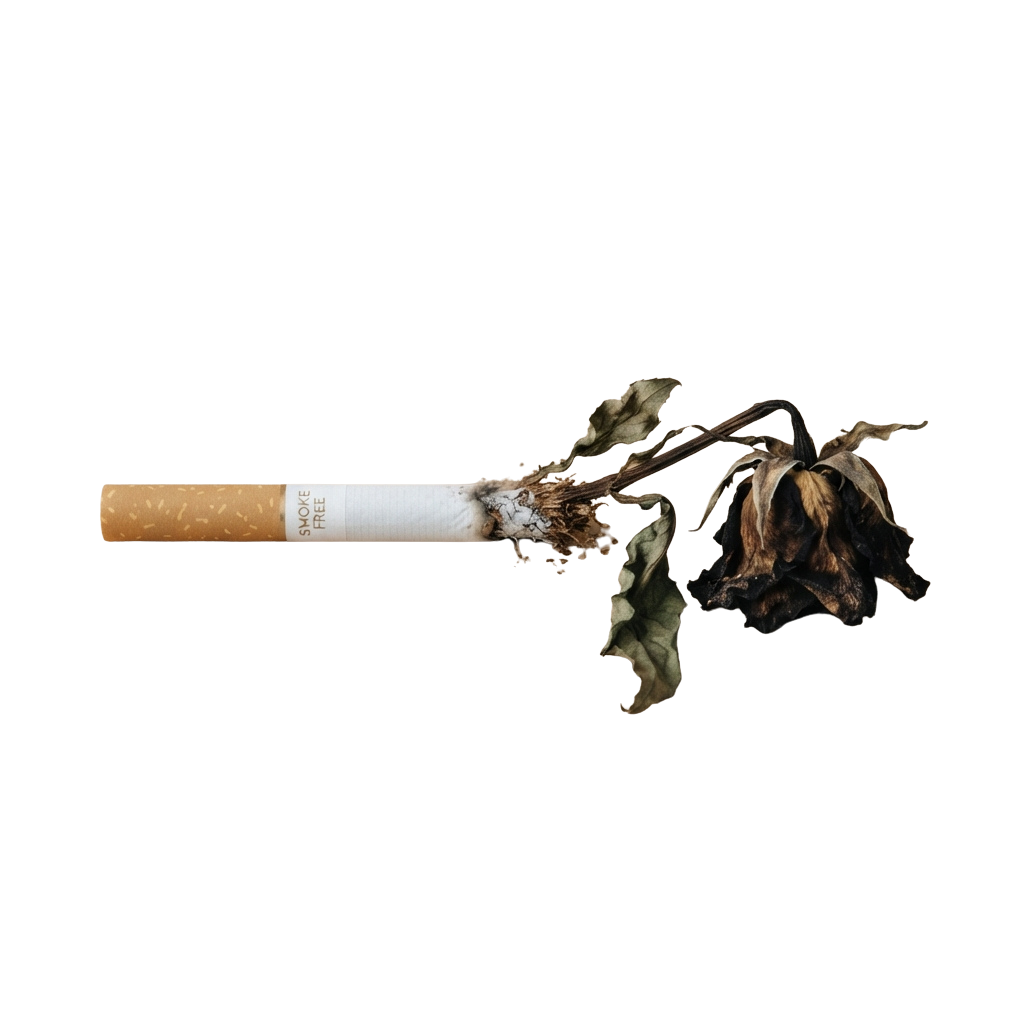 A lit cigarette with dried plant leaves emerging from the burning end, symbolizing damage to health.