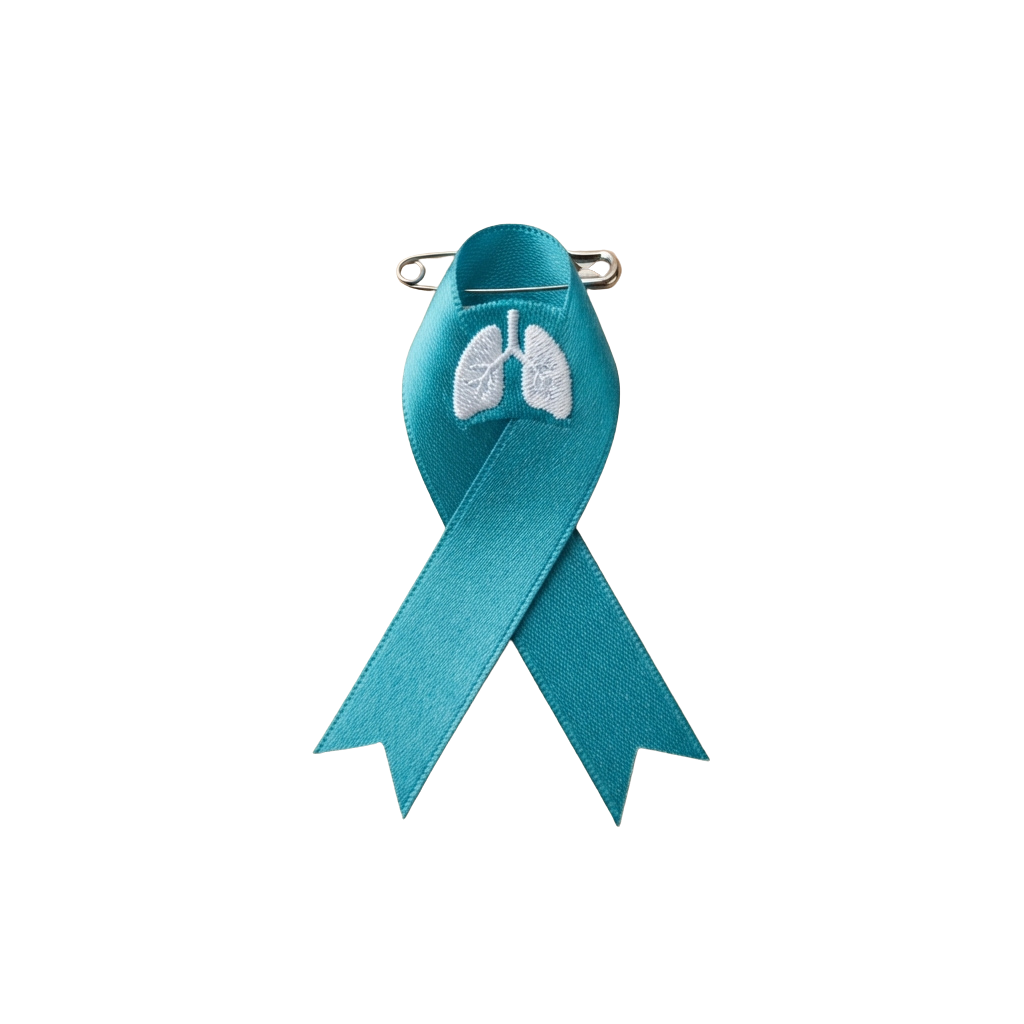A turquoise awareness ribbon pin featuring a white lung graphic, attached with a safety pin.