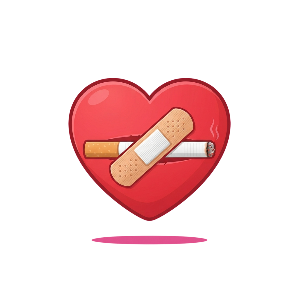 A red heart with a bandage crossing two cigarettes, symbolizing quitting smoking.