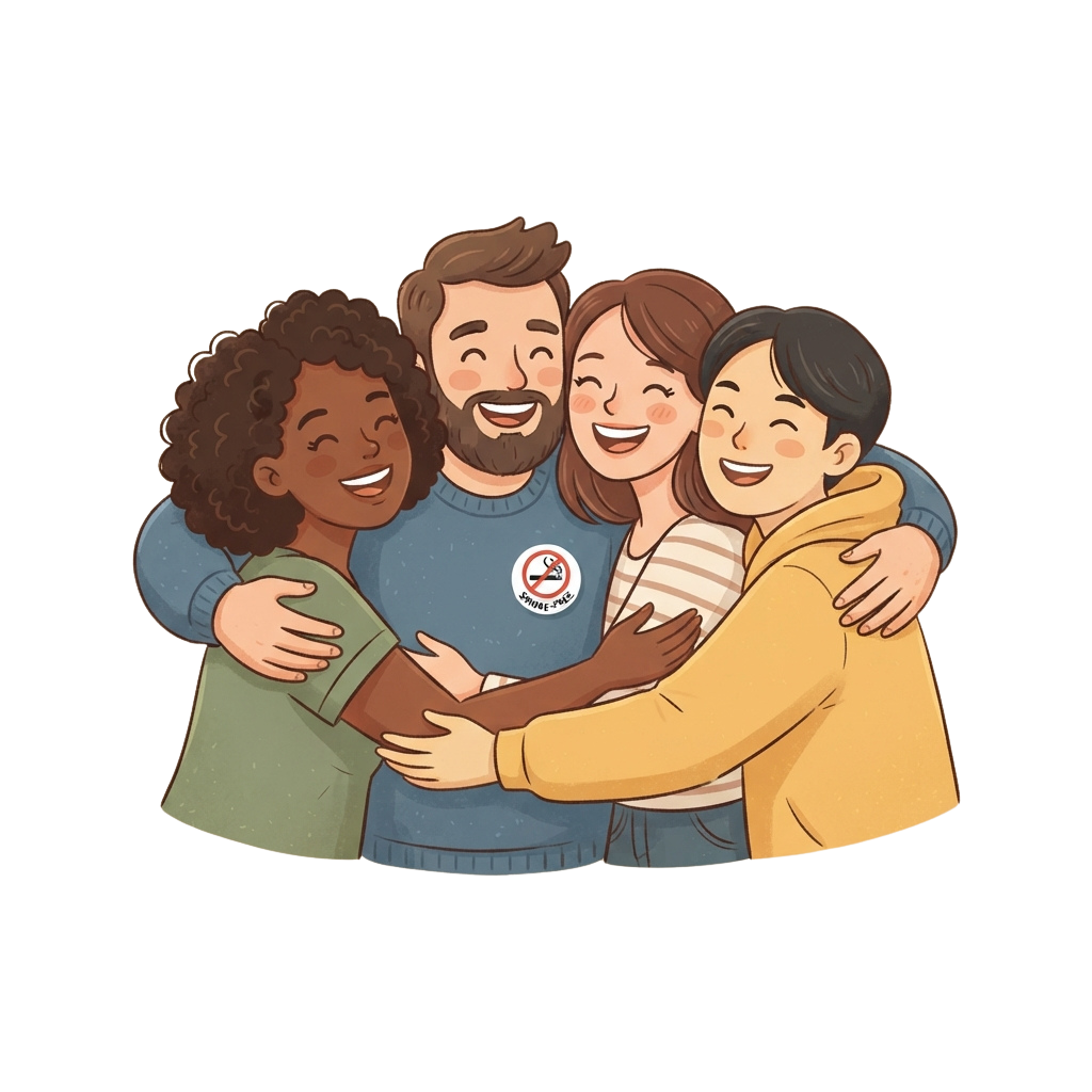 Four diverse people hugging and smiling happily together in a group embrace