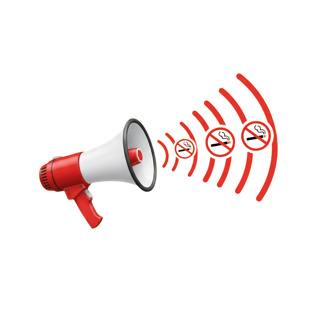 A red megaphone emitting sound waves with three no smoking icons