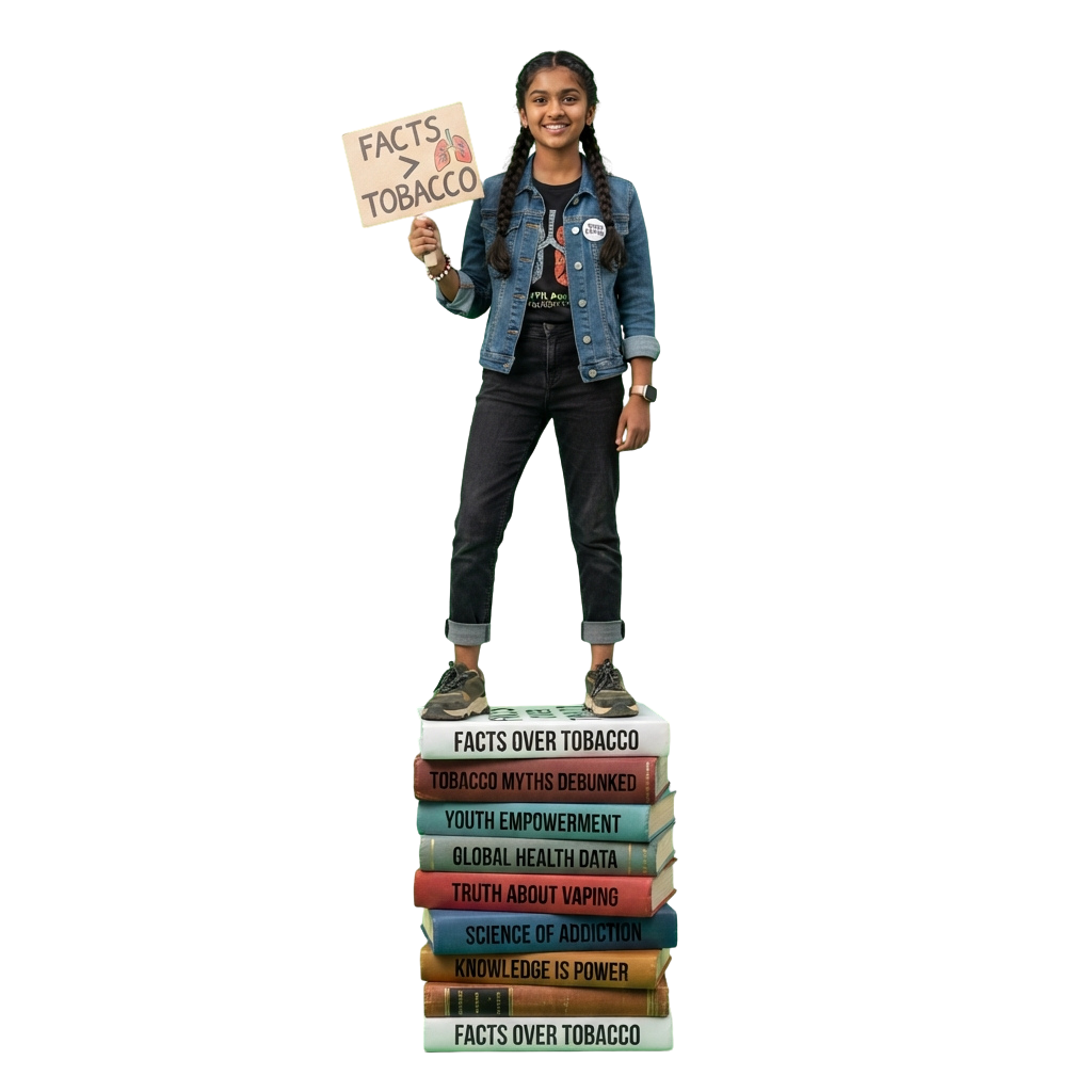 Person standing on books promoting facts over tobacco, holding a sign that reads FACTS > TOBACCO