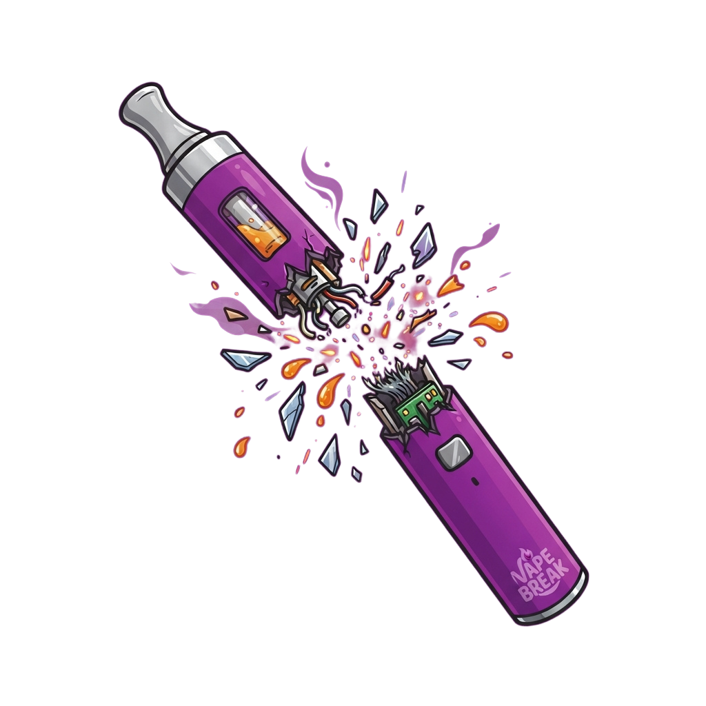 Cartoon image of a purple vape device exploding with colorful liquid and broken pieces flying out