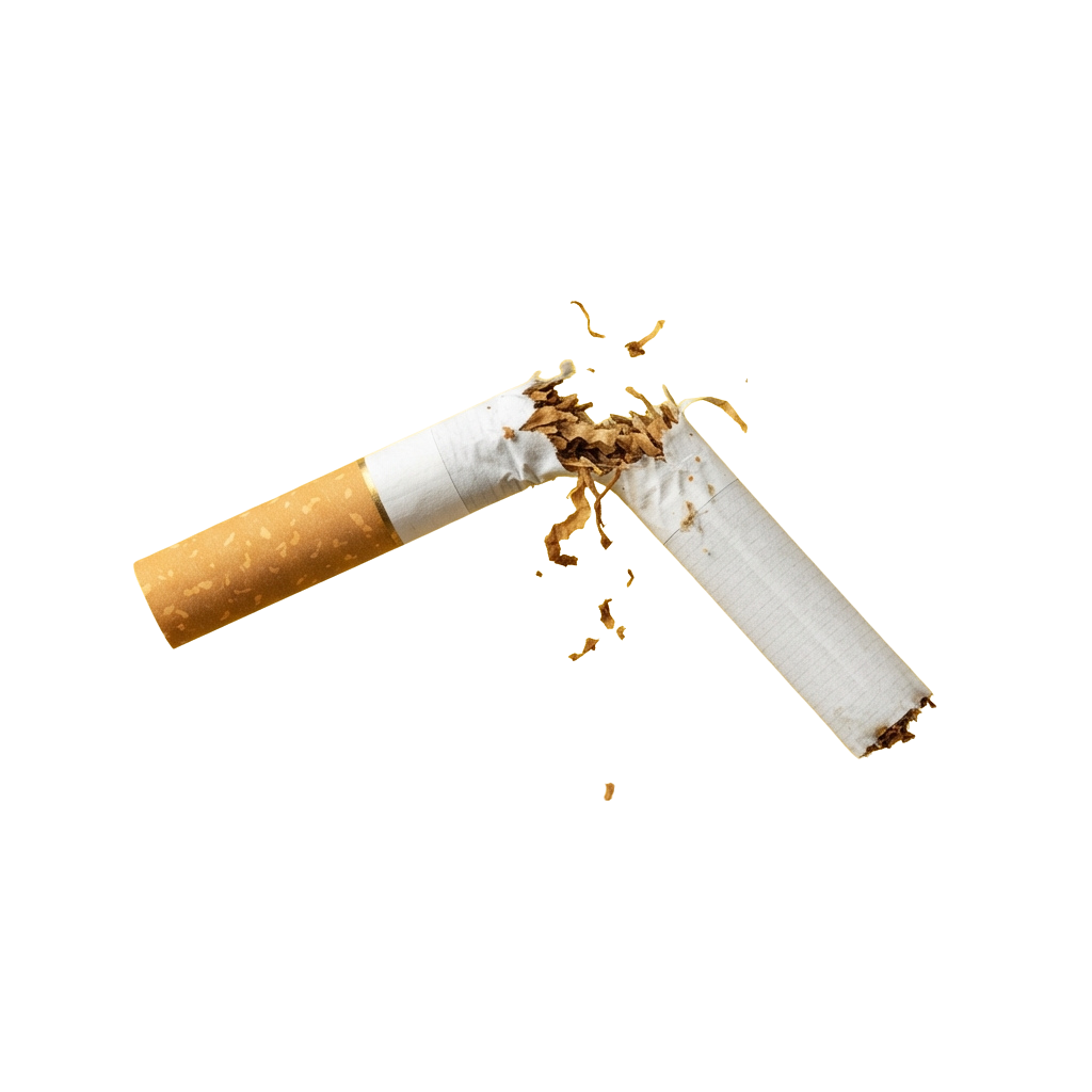 A broken cigarette laying on its side with tobacco spilling out against a black background