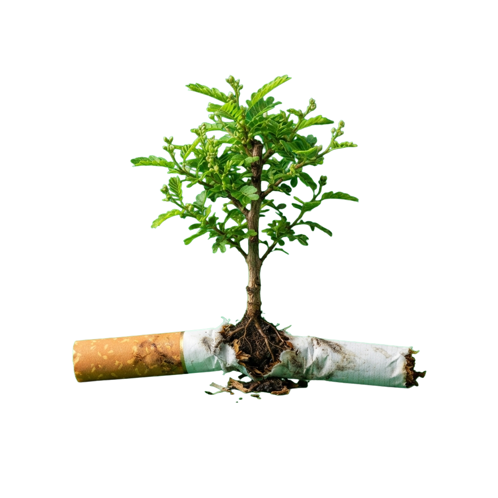Small green plant sprouting from a broken cigarette against a black background