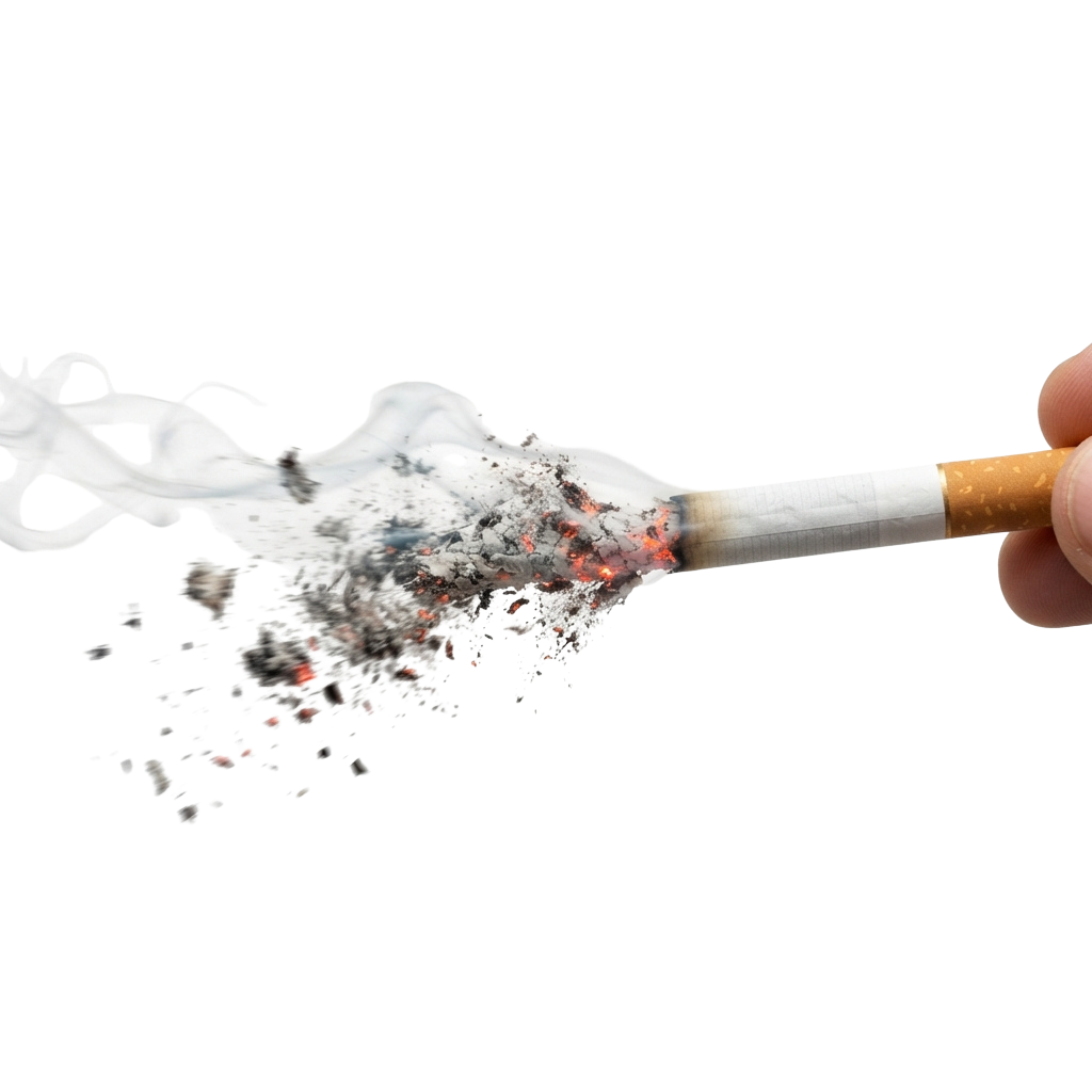 A hand holding a lit cigarette with ash and smoke exploding outward