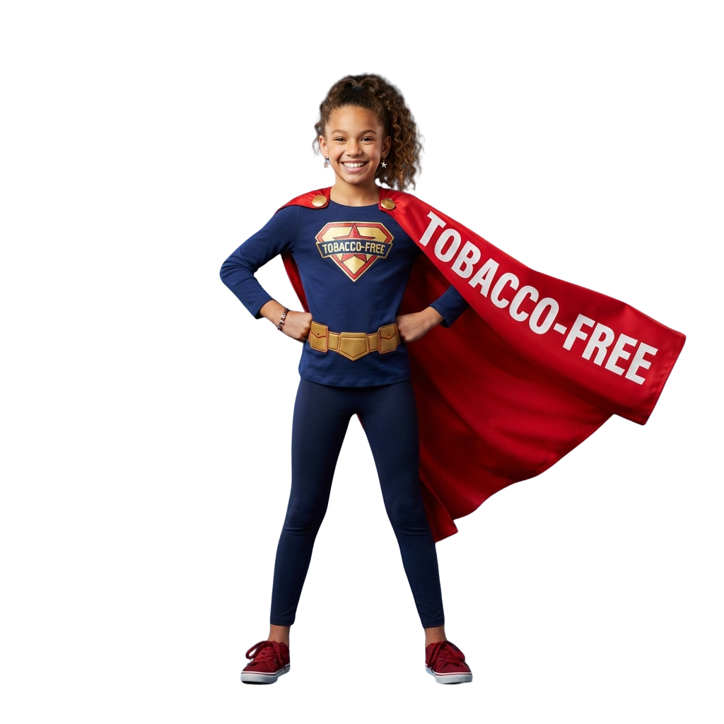 Child dressed as a superhero with a red cape and blue outfit promoting tobacco-free lifestyle