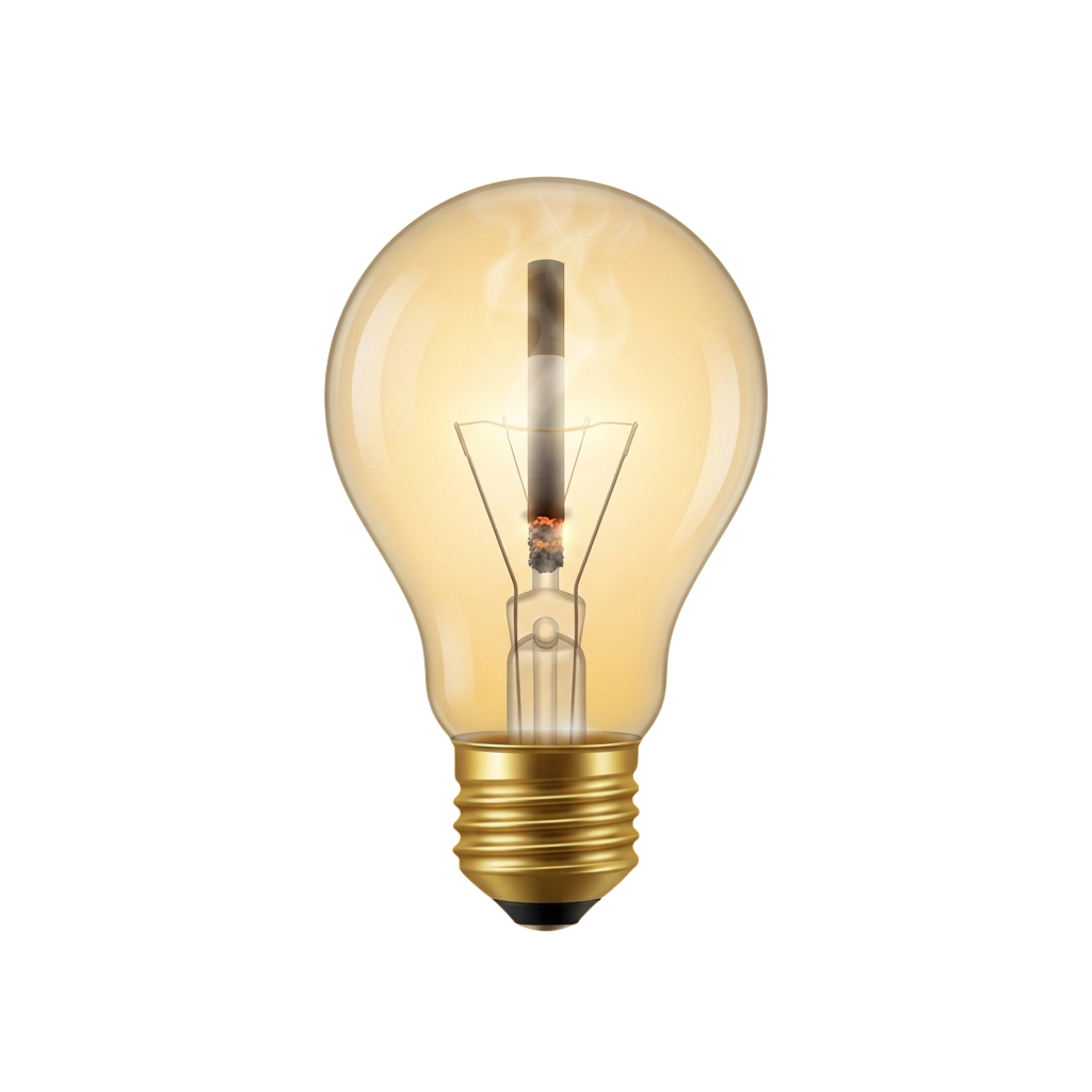 A glowing incandescent light bulb with a golden base against a black background