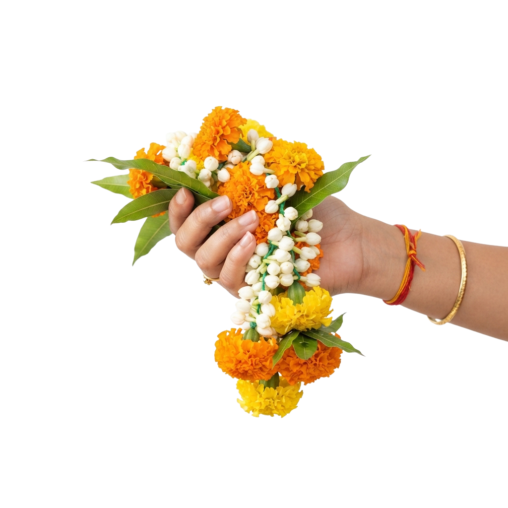 Hand holding a colorful garland made of marigold and jasmine flowers with green leaves