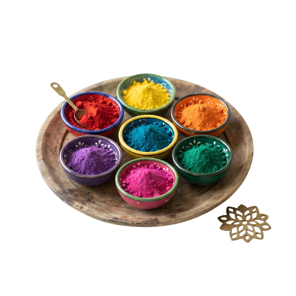 Seven small bowls filled with vibrant colored powders arranged in a wooden bowl with a spoon