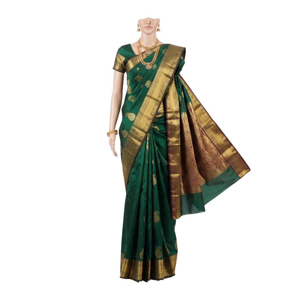 Woman wearing a green saree with gold border and intricate embroidered designs