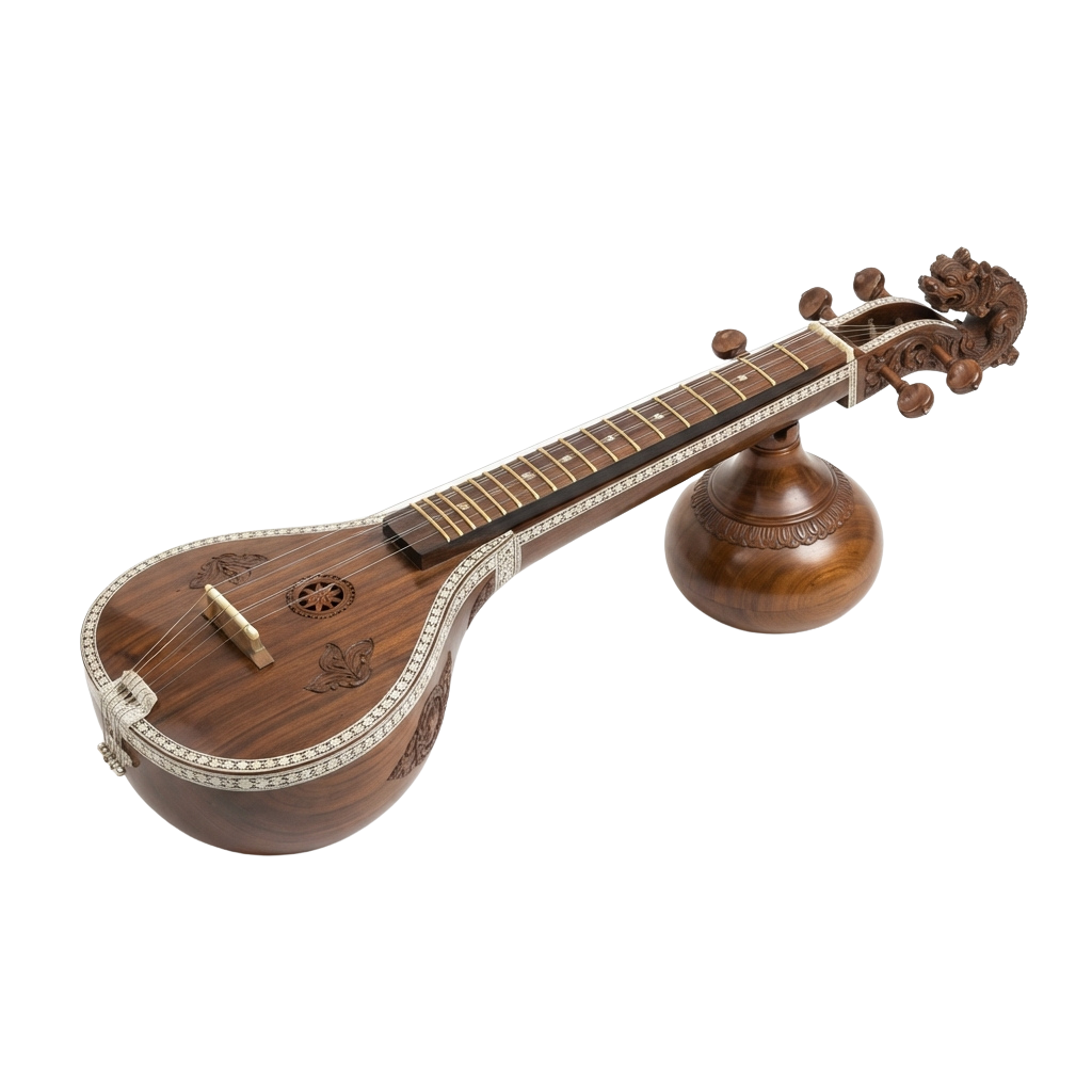 A wooden sitar instrument with a pear-shaped body, fretboard, and large resonator at the end