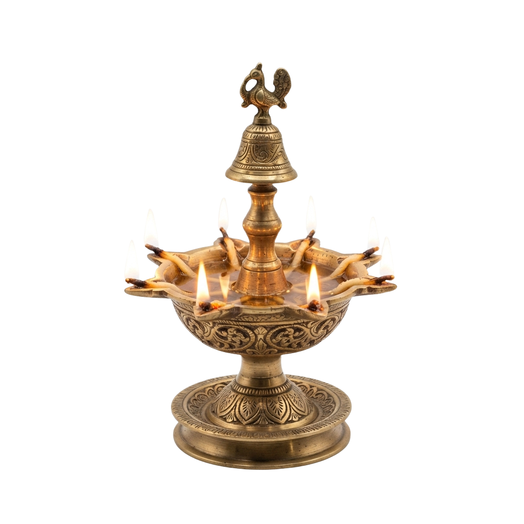 Brass temple lamp with five lit candles and a decorative bell on top