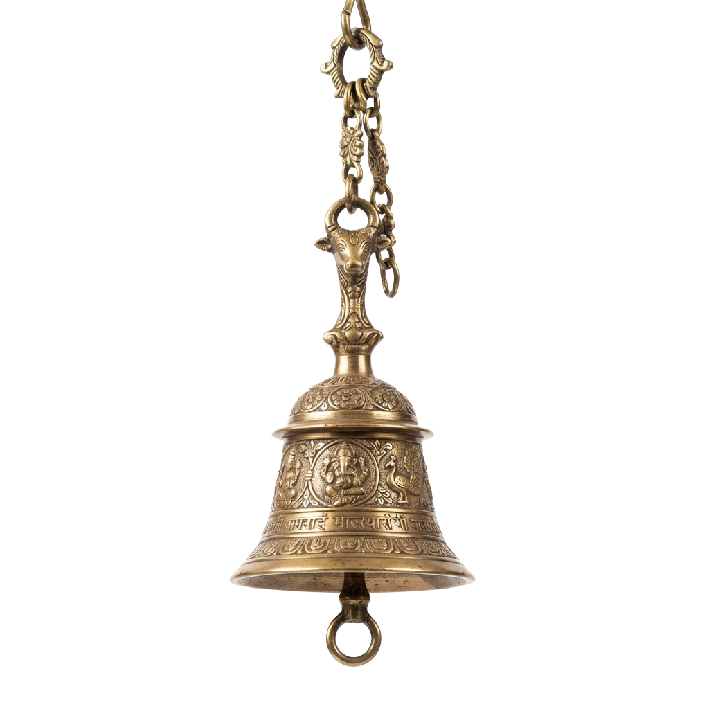 A decorative brass temple bell with intricate carvings and an animal head handle, hanging from a chain.