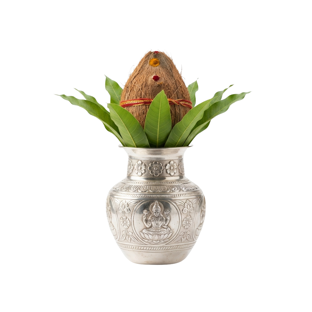 Silver decorative vase with a coconut and green leaves on top, intricately designed with a deity figure relief.