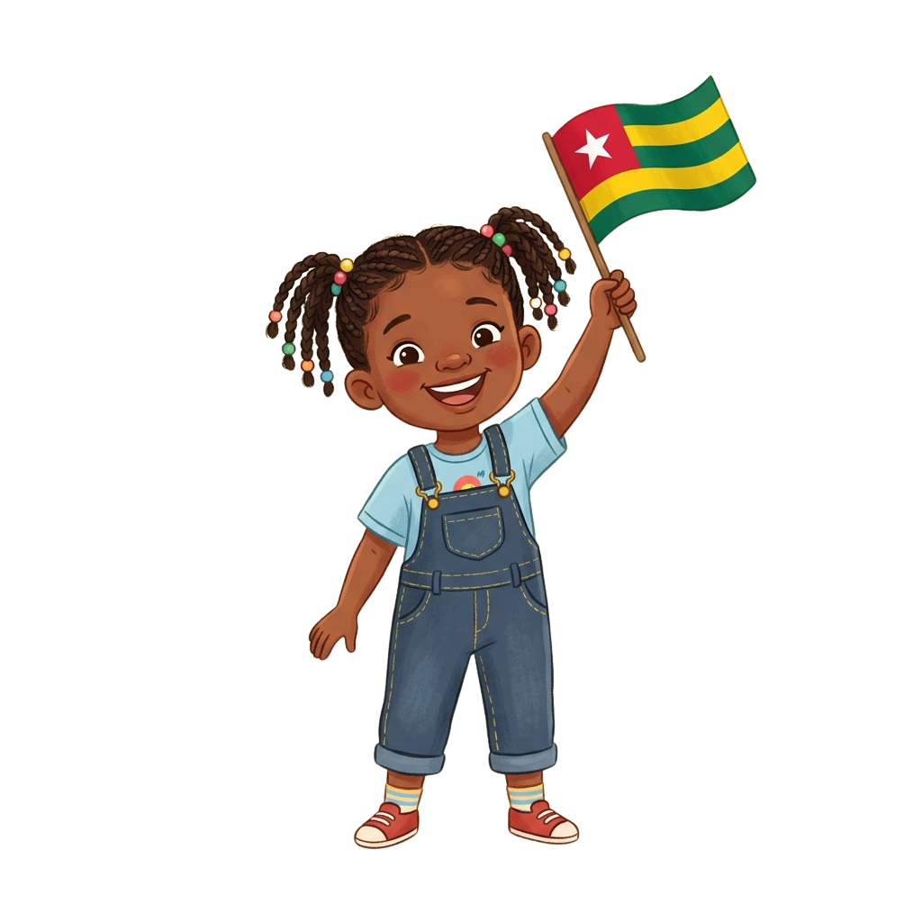 Smiling child with braided hair wearing overalls and red shoes, holding a small Togo flag