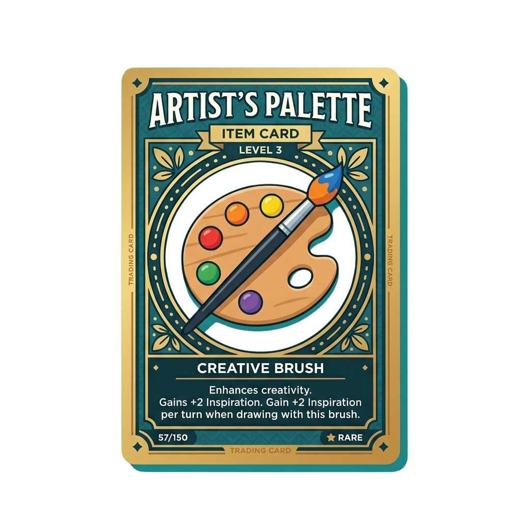 Illustration of a trading card featuring an artist palette with brush and paint colors labeled Creative Brush, level 3, rare.