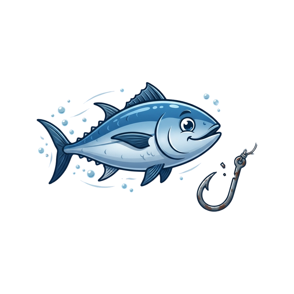 A cartoon-style blue tuna fish swimming with a fishing hook in its mouth, surrounded by bubbles
