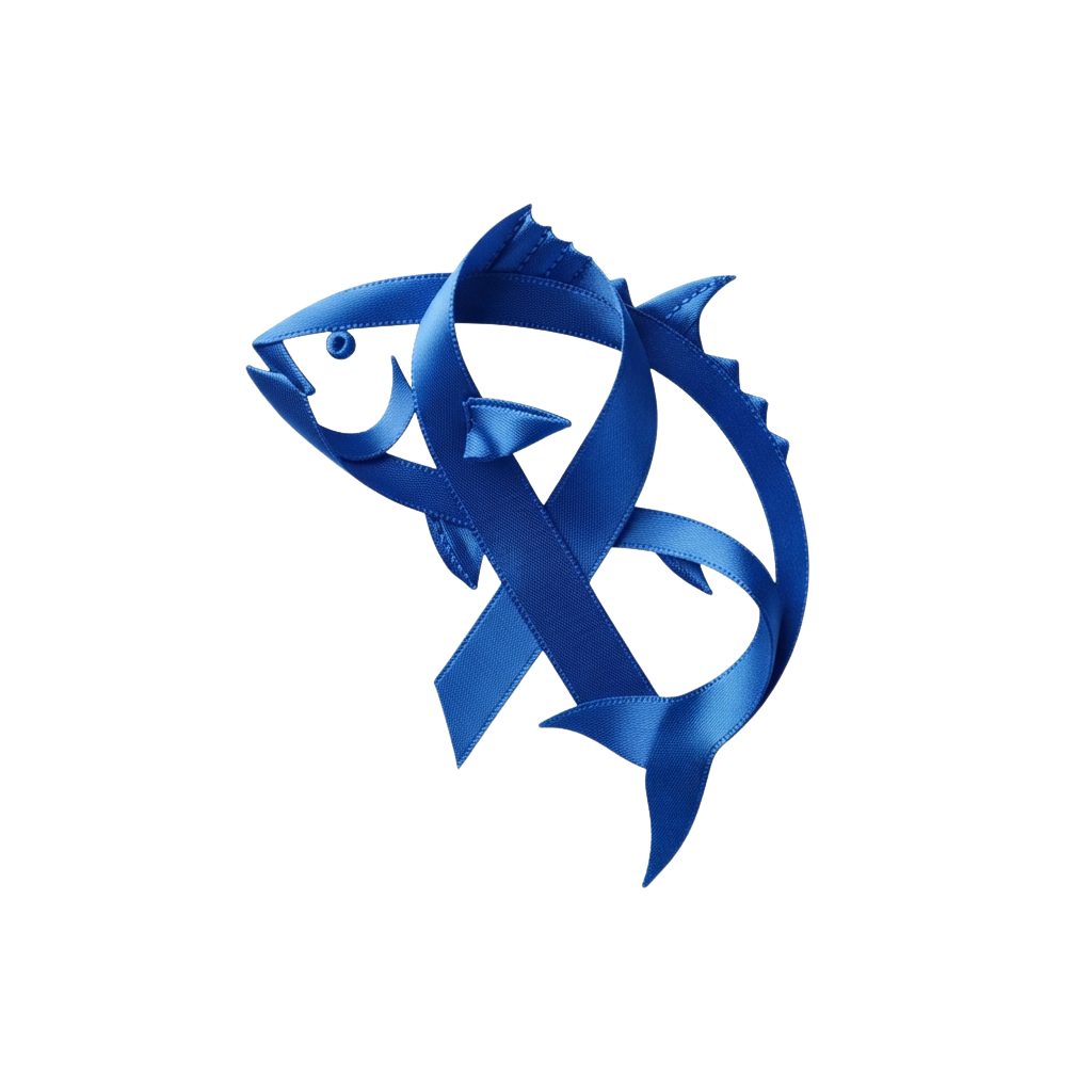 A stylized 3D blue fish made from a ribbon bow against a black background