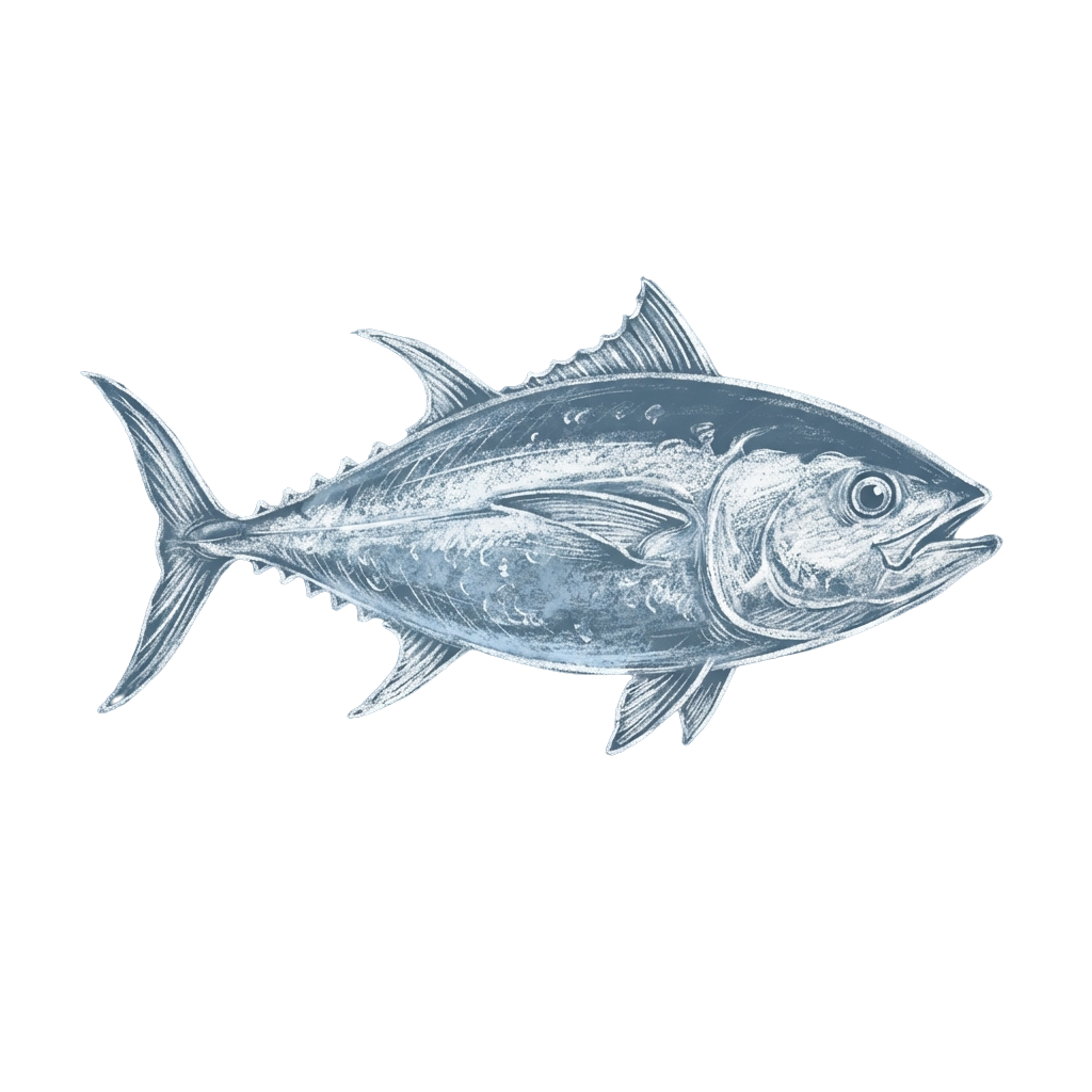 A detailed line drawing of a bluefin tuna fish swimming.