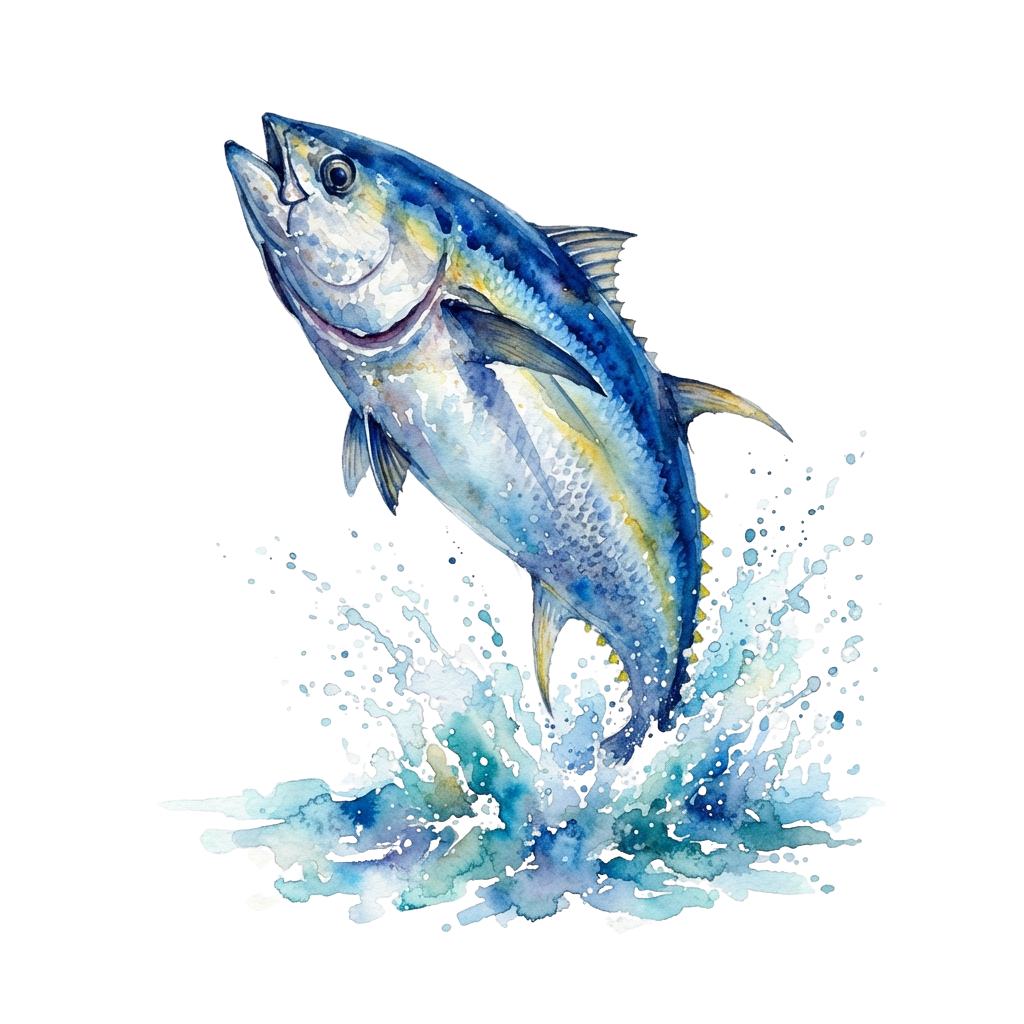 A watercolor illustration of a blue tuna fish leaping out of water with splashing waves
