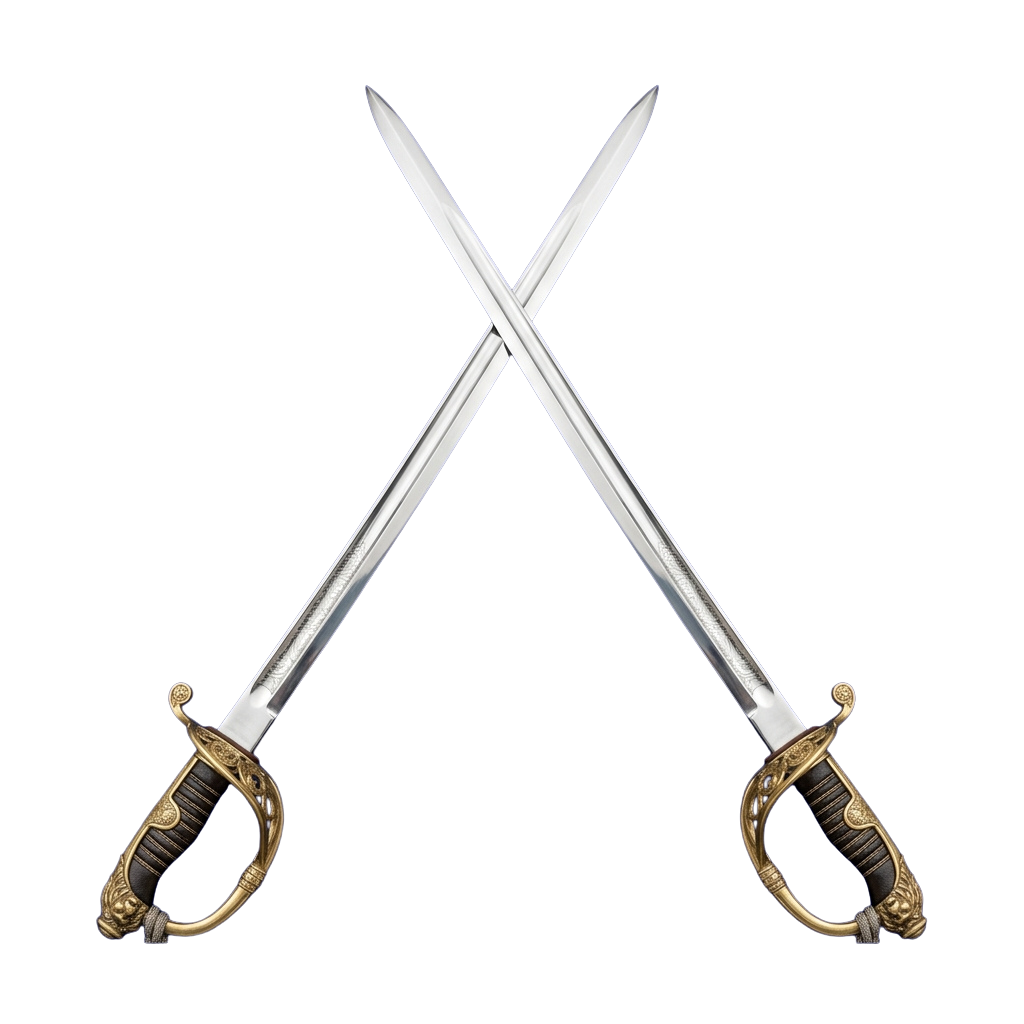 Two crossed swords with gold decorative hilts against a black background