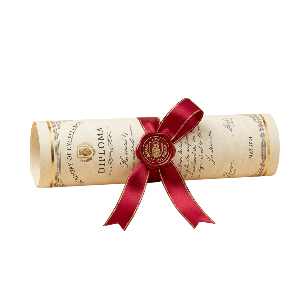 A rolled diploma from the Academy of Excellence tied with a red satin ribbon and sealed with a gold emblem.