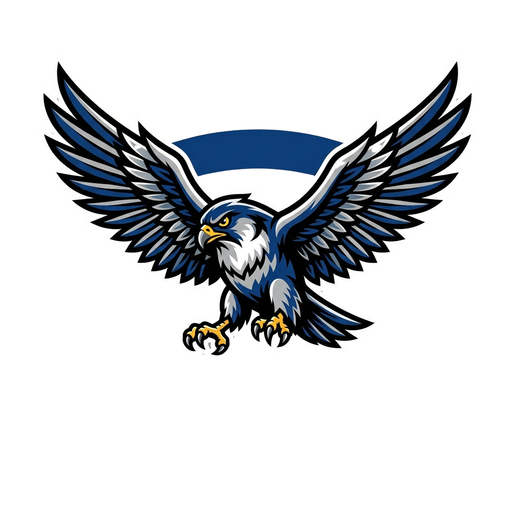 A stylized eagle with blue, white, and gray colors, wings spread wide against a black background