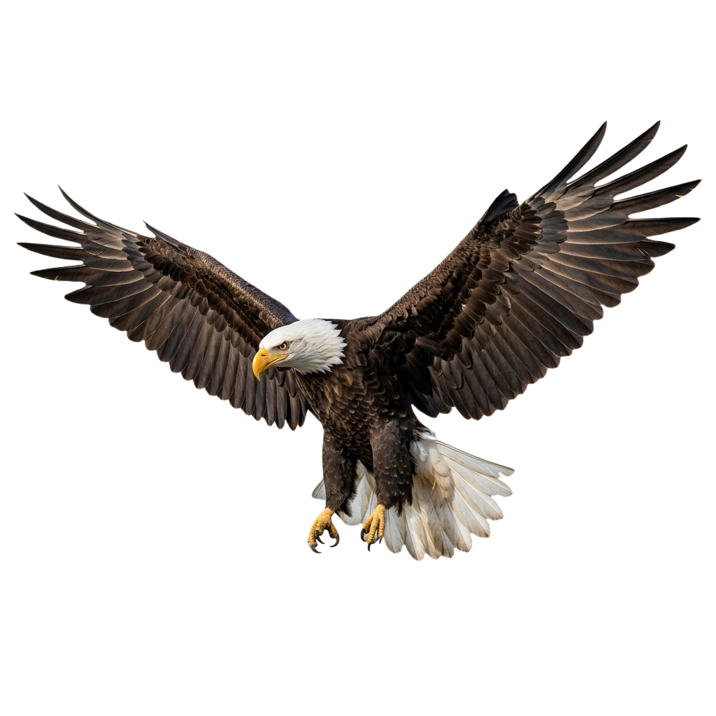 A bald eagle with white head and tail feathers soaring with wings spread wide against a black backdrop