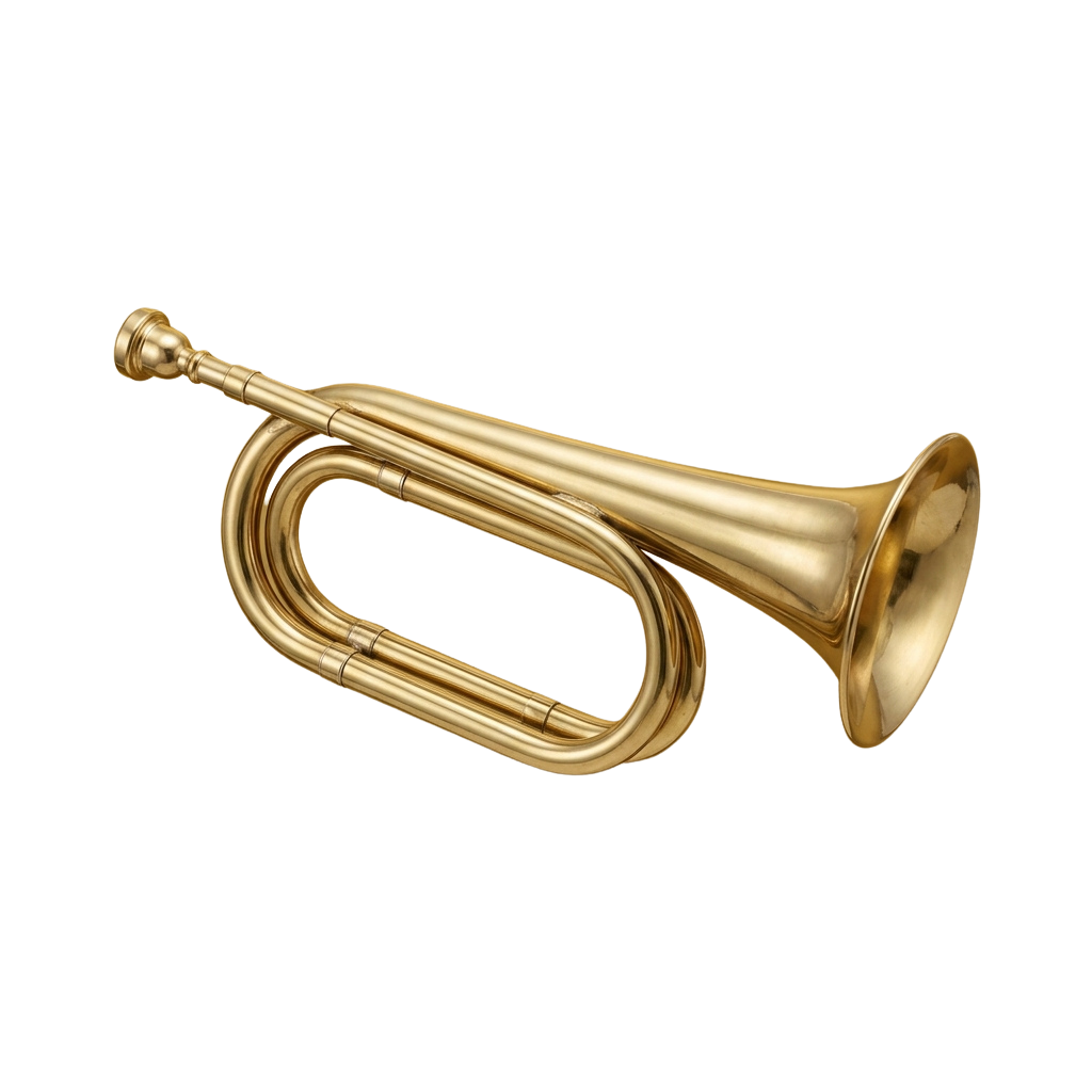 A polished golden brass bugle with three valves and a flared bell against a black background