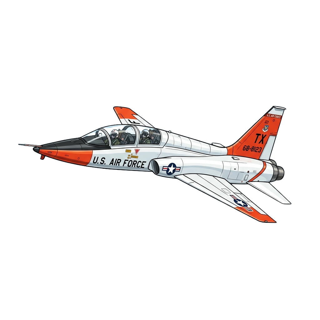 US Air Force jet with red, white, and black color scheme in flight, marked with TX and serial number 68-8123