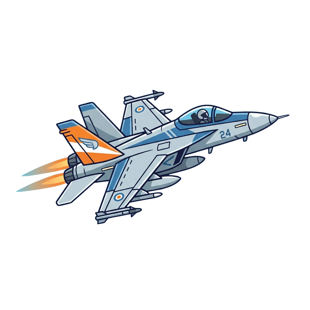 Illustration of a military jet with blue and orange accents, number 24 on the side, flying against a black background