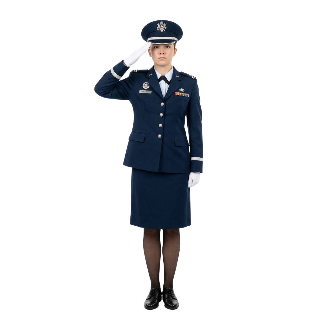 Person in military uniform saluting, wearing a navy blue jacket, skirt, white gloves, and cap.