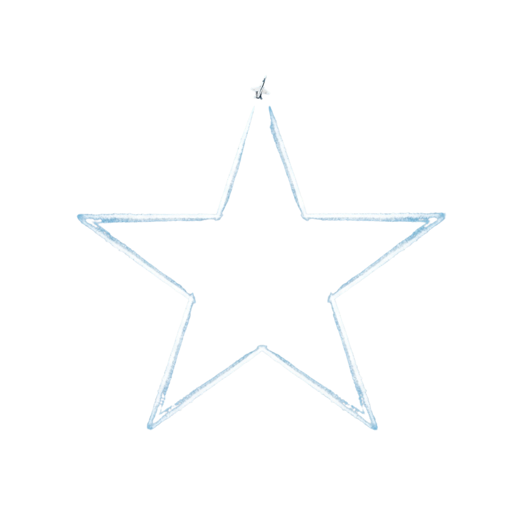 A glowing white five-pointed star with a small star on top against a black background