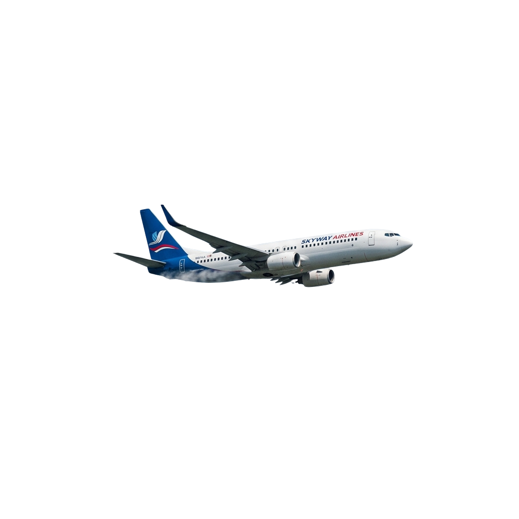 A commercial airplane flying in the dark sky with its landing gear extended