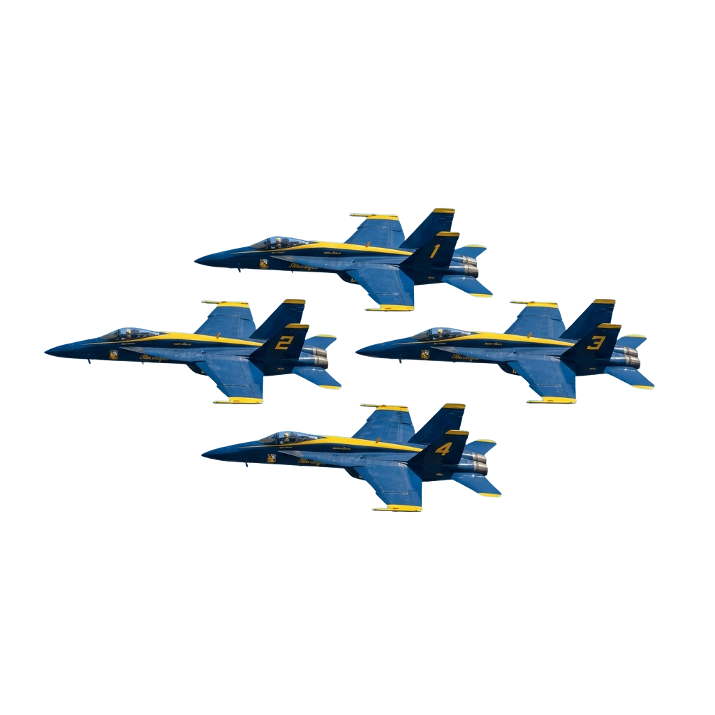 Four blue and yellow jets flying in a tight diamond formation against a dark sky