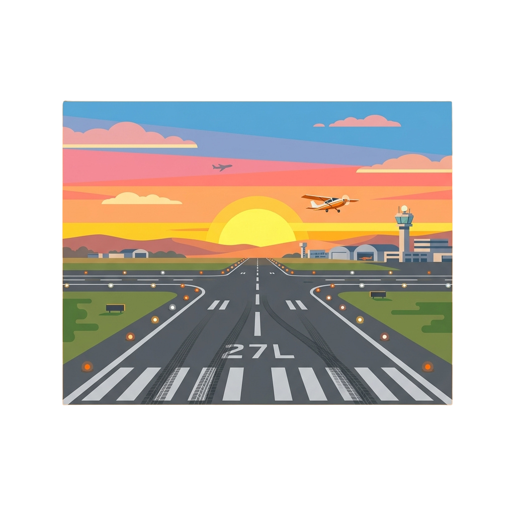 Small plane landing during sunset on a runway marked 27L with airport buildings and control tower in background