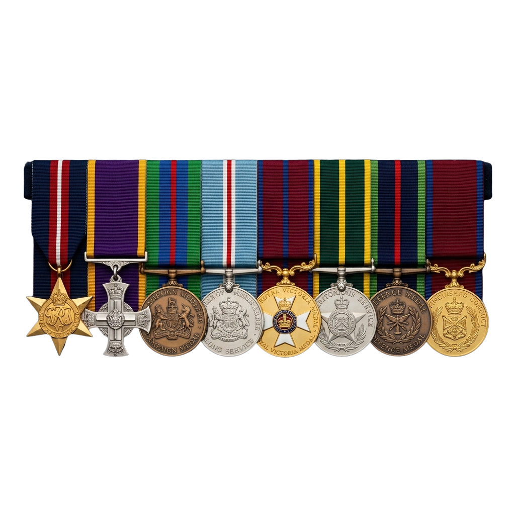 Collection of military medals and ribbons displayed on a bar with various colored stripes and metal decorations.