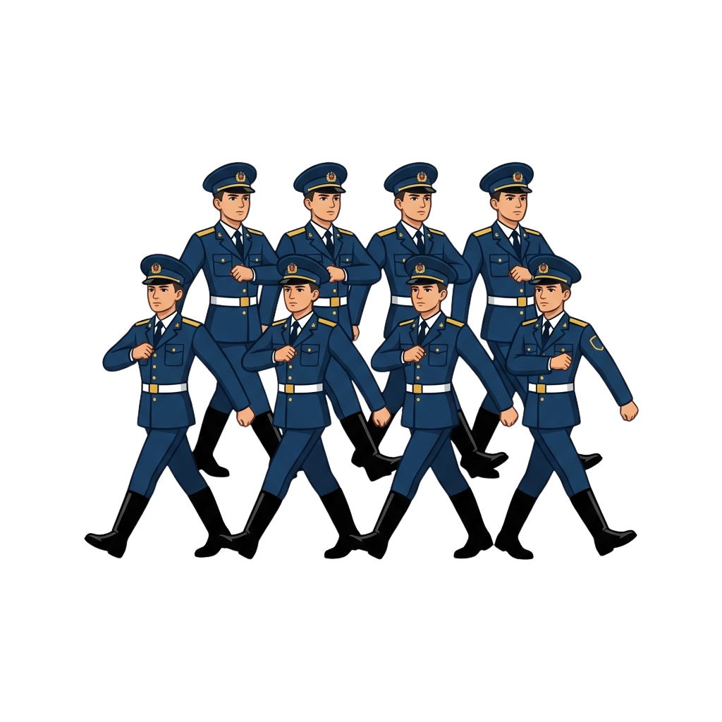 Ten animated military cadets in blue uniforms marching in synchronized formation