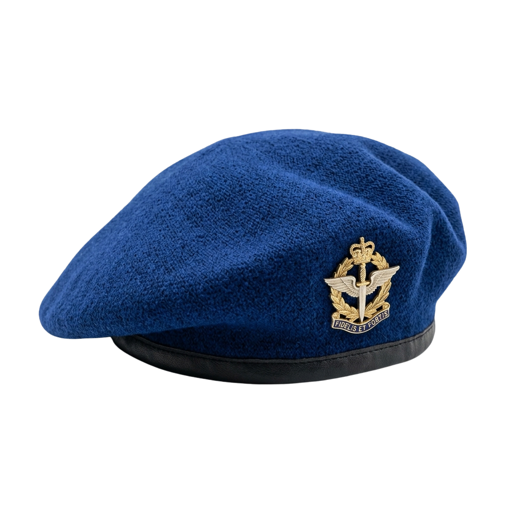 Dark blue beret featuring a gold naval badge and crown emblem