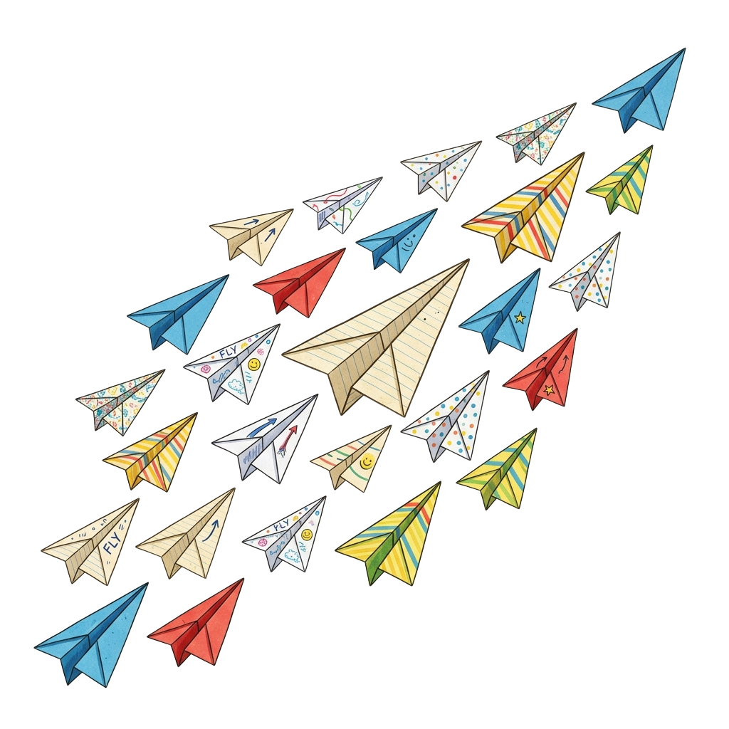 A cluster of diverse paper airplanes flying upward in a dark space, each with unique colors and patterns.