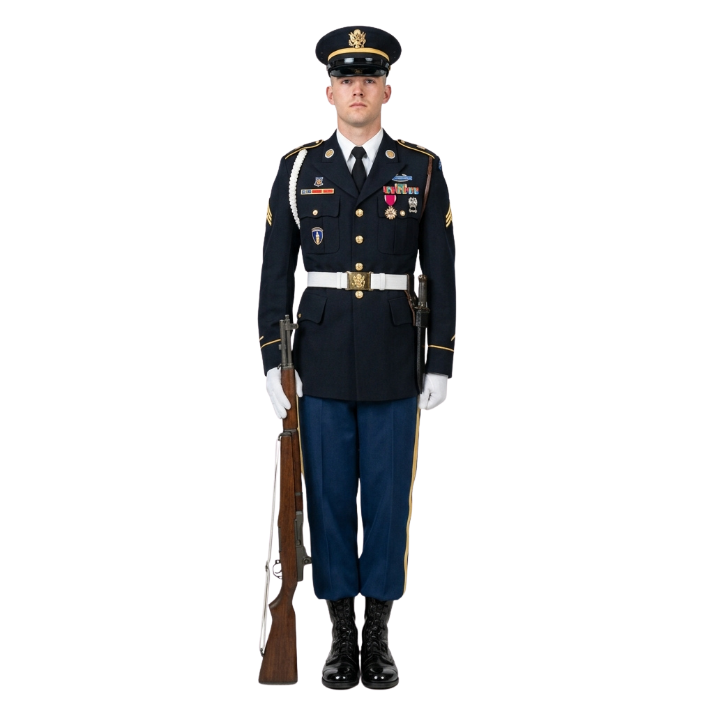 Person in formal military dress uniform holding a rifle, wearing medals and white gloves