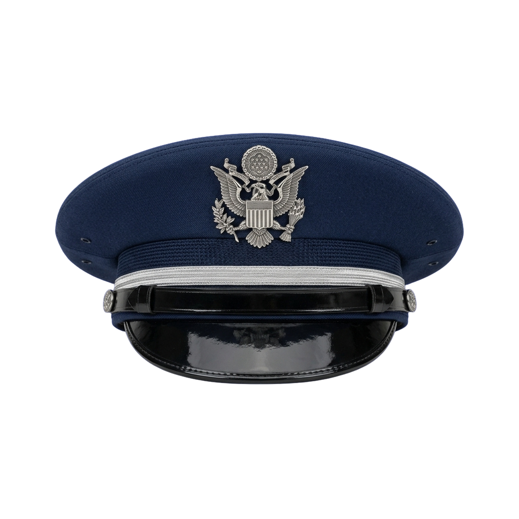 Blue US Coast Guard cap featuring a silver eagle and shield emblem on the front