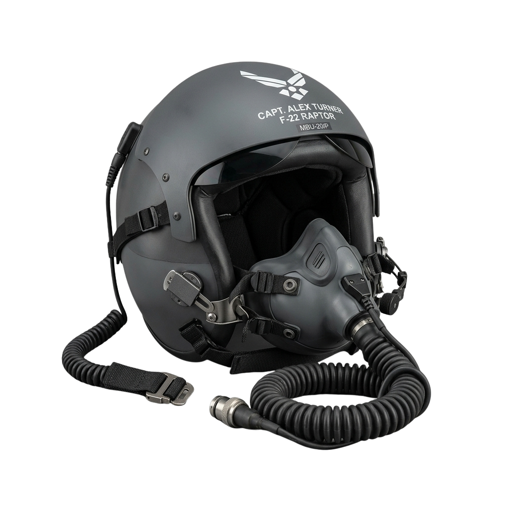 Black military flight helmet with attached oxygen mask and insignia on top